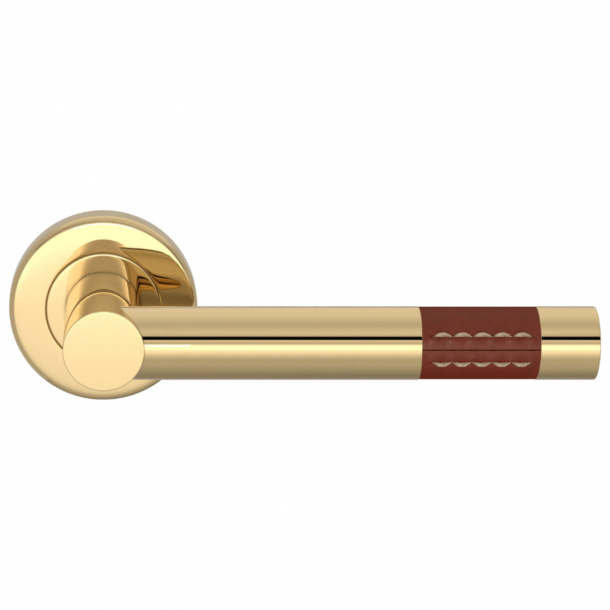 Klamka do drzwi - Skóra w kolorze kasztanowym / Mosi&#261;dz polerowany - Turnstyle Designs - Model R1023