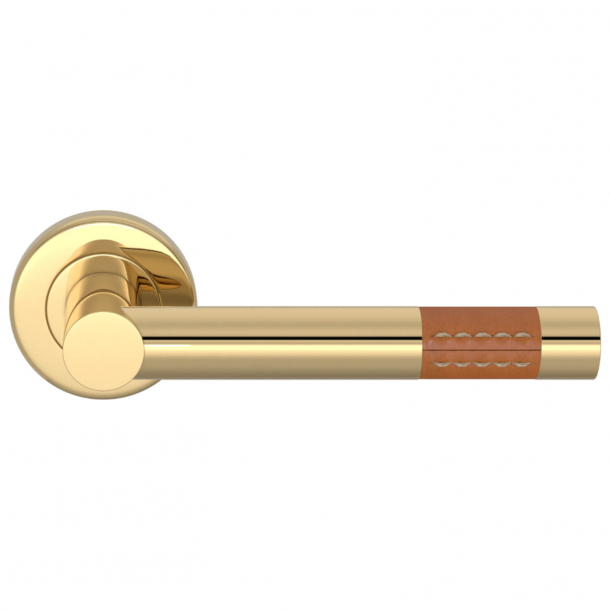 Turnstyle Design Door Handle - Tan leather / Polished brass - Model R1023