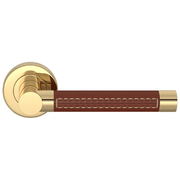 Turnstyle Design Door handle - Chestnut leather / Polished brass  - Model R1024-CN-PU