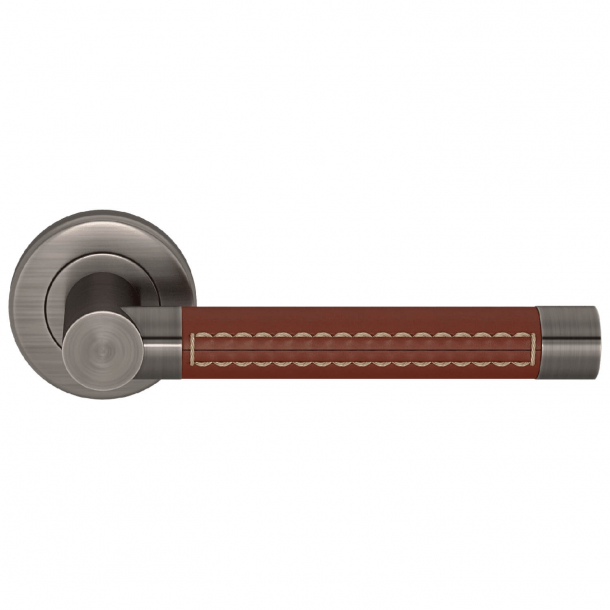 Turnstyle Design Door handle - Chestnut leather / Vintage nickel - Model R1024