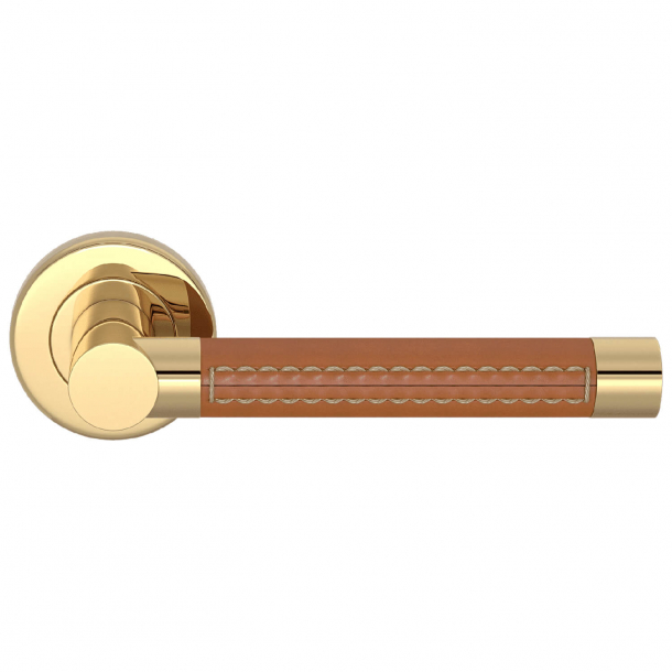 Turnstyle Design Door handle - Tan leather / Polished brass - Model R1024-CT-PU