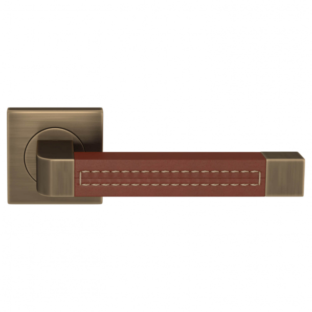 Klamka do drzwi - Turnstyle Design - Skóra w kolorze kasztanowym / Antyczny mosi&#261;dz - Model R1941