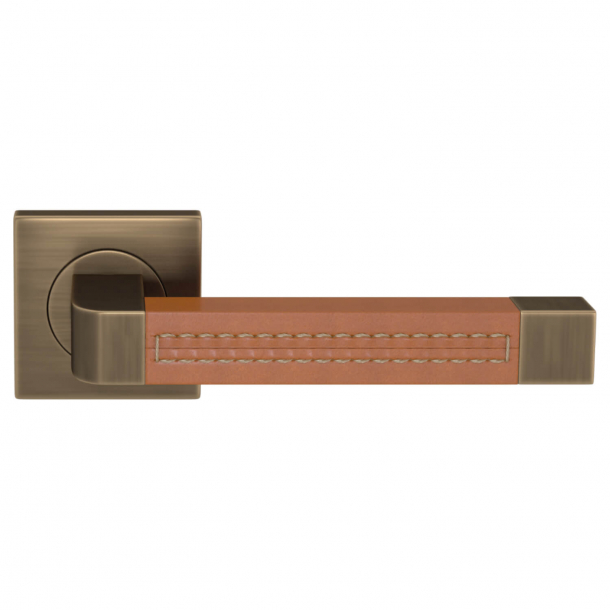Turnstyle Design Door handle - Tan leather / Antique brass - Model R1941