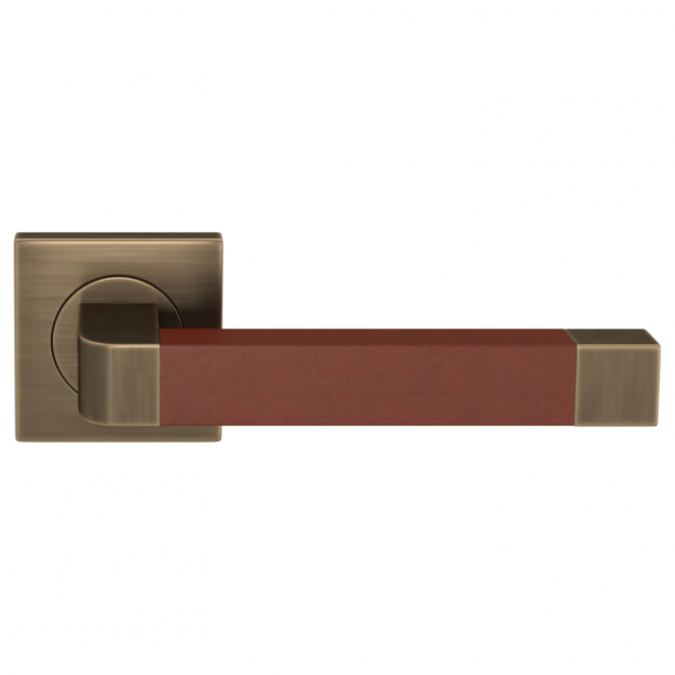 Klamka do drzwi - Turnstyle Designs - Skóra w kolorze kasztanowym / Antyczny mosi&#261;dz - Model R2030