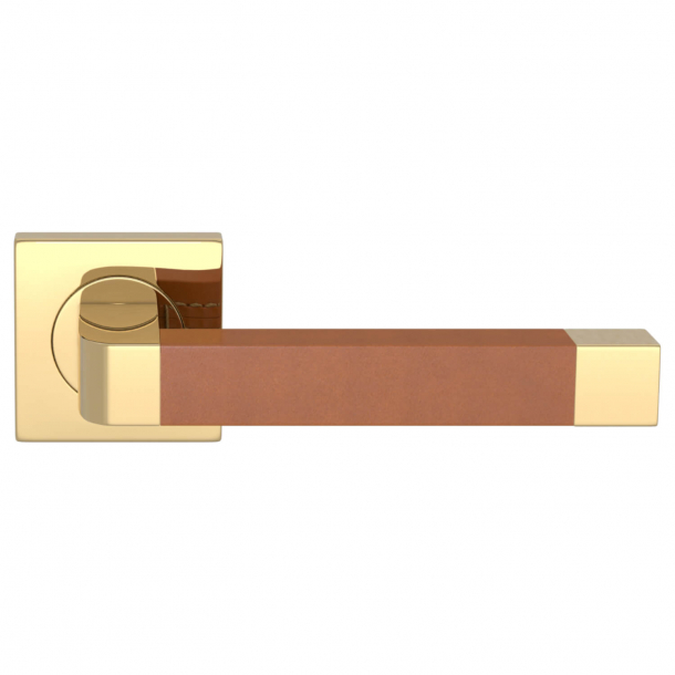 Turnstyle Design Door handle - Tan leather / Polished brass - Model R2030