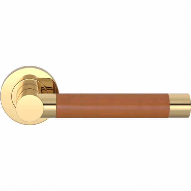 Turnstyle Design Door handle - Tan leather / Polished  brass - Model R3083