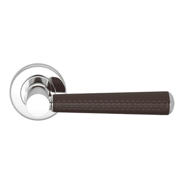 Door Handle Leather - Chocolate / Chrome - Pipe with Stitch Out - Model C1012