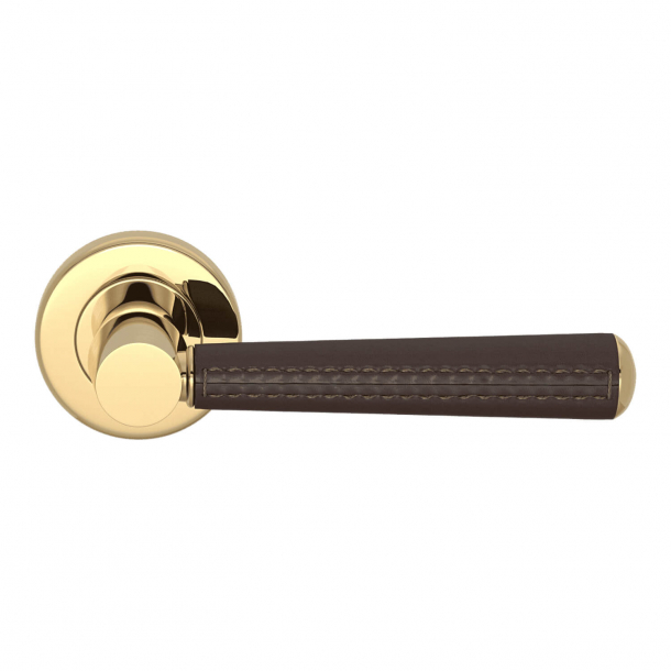 Door Handle Leather - Chocolate / Polished brass - Pipe with Stitch Out - Model C1012