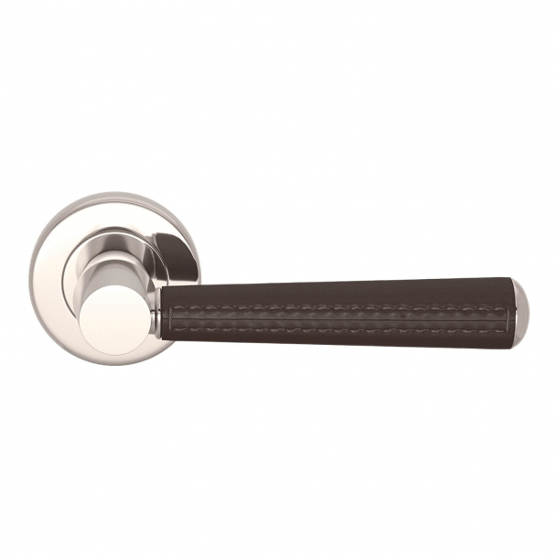 Door Handle Leather - Chocolate / Polished Nickel - Pipe with Stitch Out - Model C1012