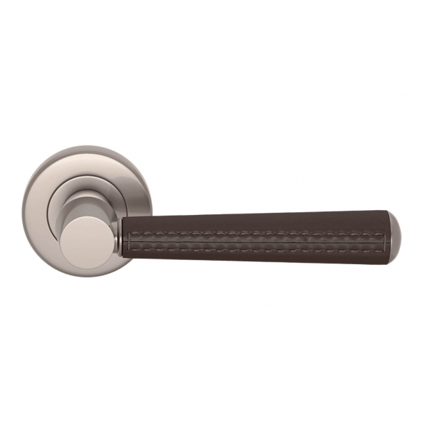 Door Handle Leather - Chocolate / Nickel satin - Pipe with Stitch Out - Model C1012