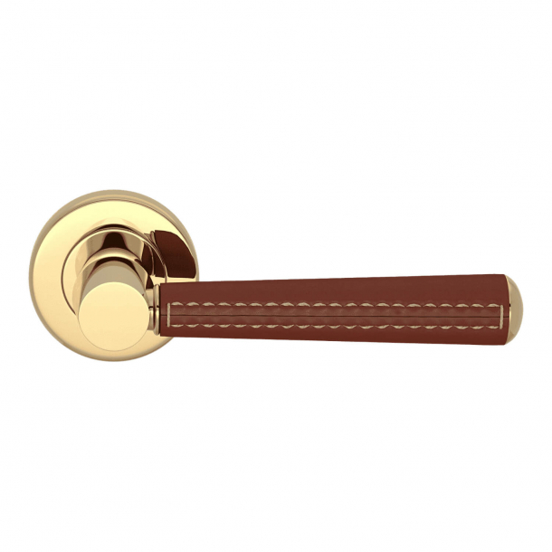 Door Handle Leather - Chestnut / Polished Brass - Pipe with Stitch Out - Model C1012
