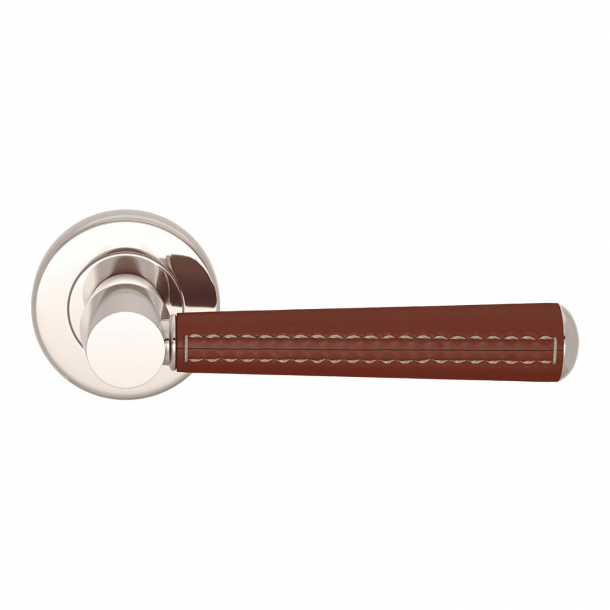 Door Handle Leather - Chestnut / Polished Nickel - Pipe with Stitch Out - Model C1012