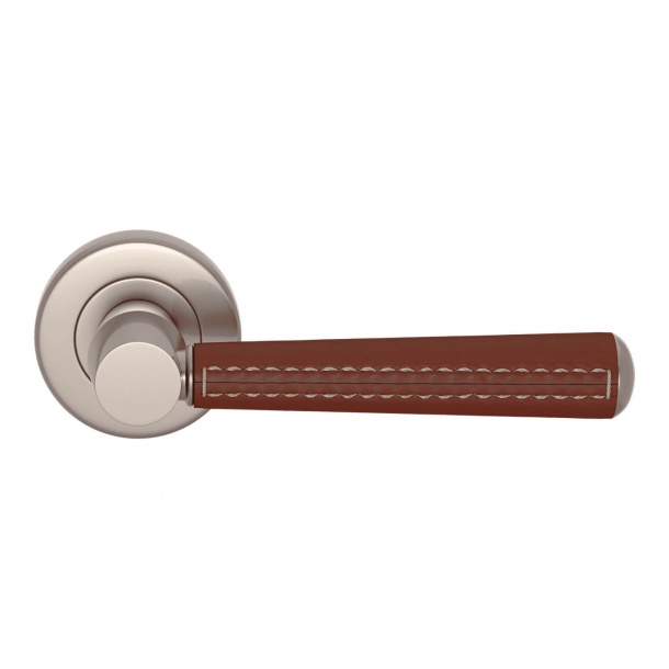 Door Handle Leather - Chestnut / Nickel satin - Pipe with Stitch Out - Model C1012