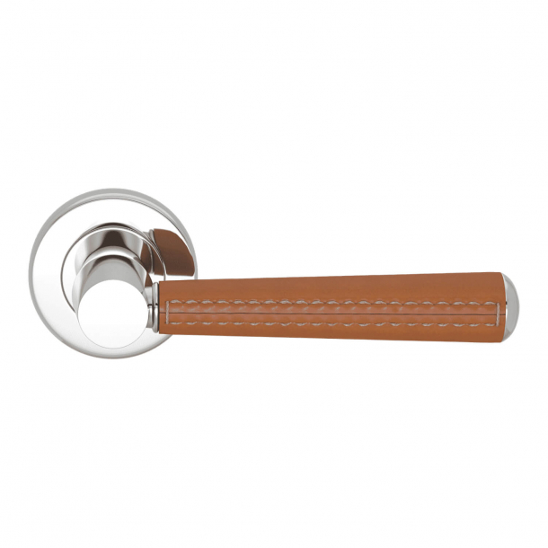 Door Handle Leather - Tan / Chrome - Pipe with Stitch Out - Model C1012