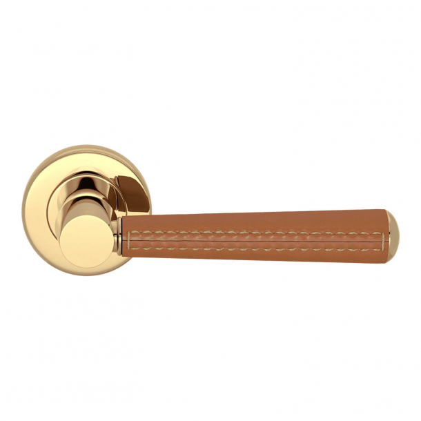 Door Handle Leather - Tan / Polished Brass - Pipe with Stitch Out - Model C1012