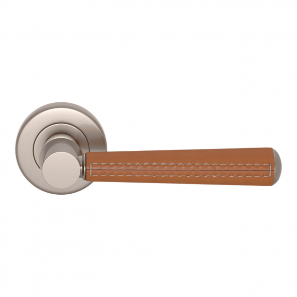 Door Handle Leather - Tan / Nickel satin - Pipe with Stitch Out - Model C1012