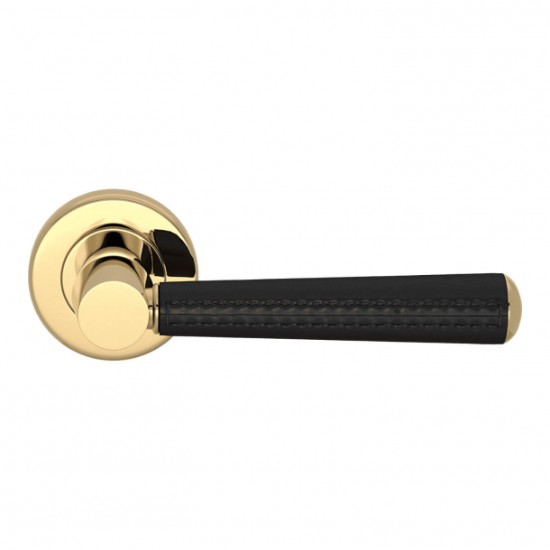 Door Handle Leather - Black / Polished Brass - Pipe with Stitch Out - Model C1012