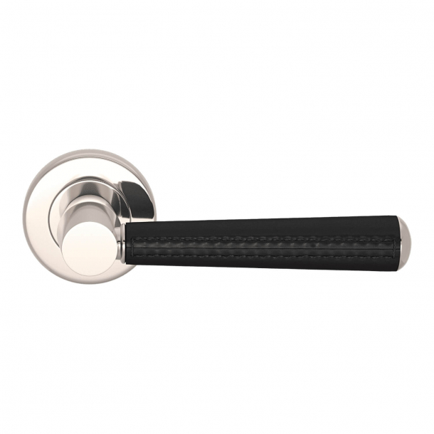 Door Handle Leather - Black / Polished Nickel - Pipe with Stitch Out - Model C1012