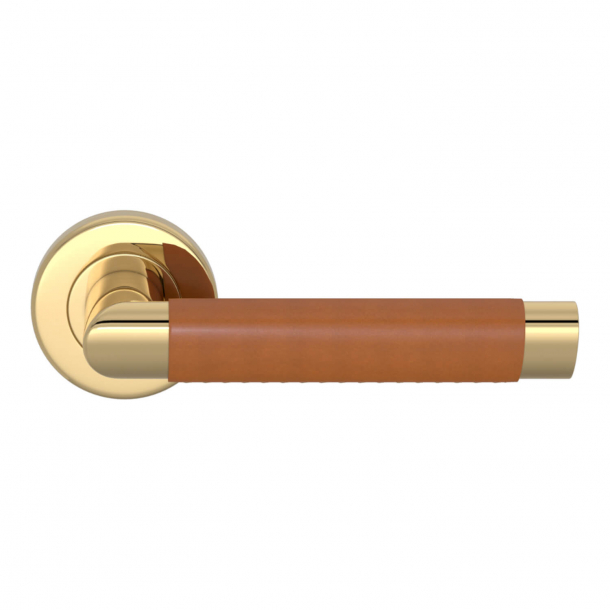 Turnstyle Design Door handle - Tan leather / Polished brass - Model C1013