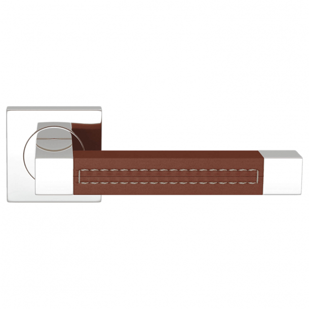 Door handle leather - Chestnut / Chrome - SQUARE STITCH OUT (R1025)