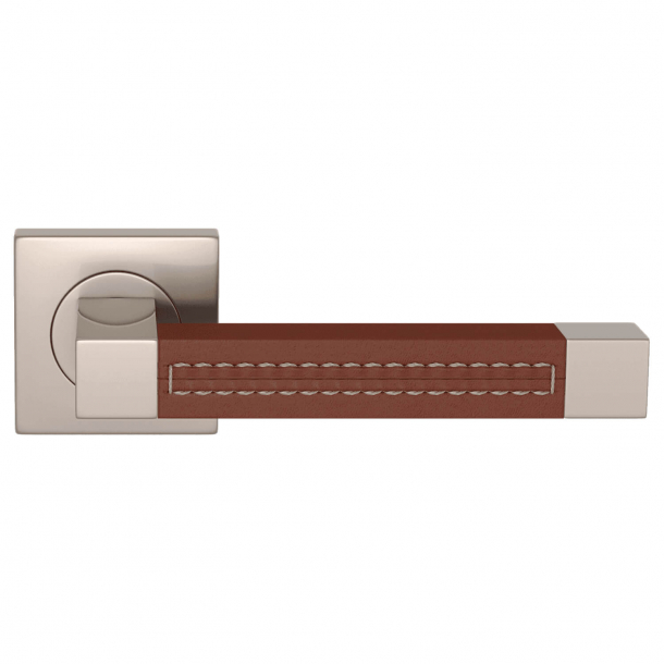 Door handle leather - Chestnut / Satin nickel - SQUARE STITCH OUT (R1025)