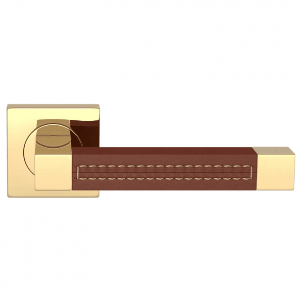 Door handle leather - Chestnut / Polished nickel - SQUARE STITCH OUT (R1025)