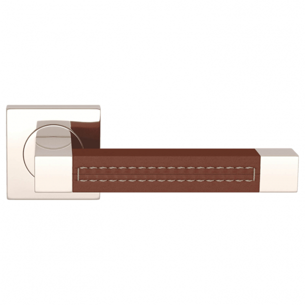 Door Handle Leather - Chestnut / Blank Nickel - SQUARE STITCH OUT (R1025)