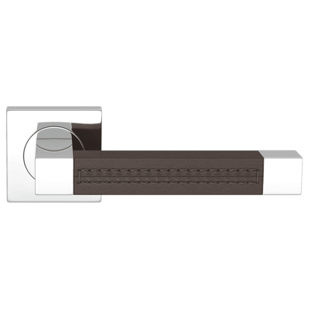 Door handle leather - Chocolate / Chrome - SQUARE STITCH OUT (R1025)