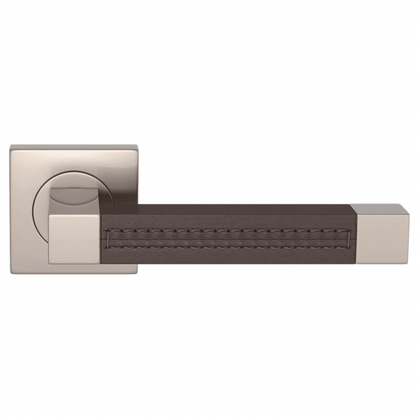 Door handle leather - Chocolate / SAtin nickel - SQUARE STITCH OUT (R1025)