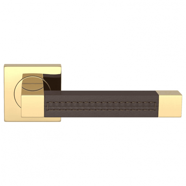 Door handle leather - Chocolate / Polished brass - SQUARE STITCH OUT (R1025)