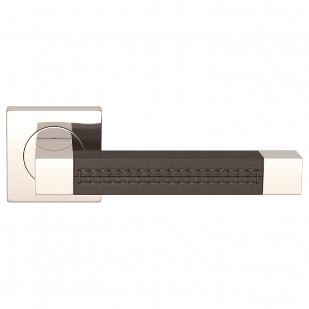 Door handle leather - Chocolate / Polished nickel - SQUARE STITCH OUT (R1025)