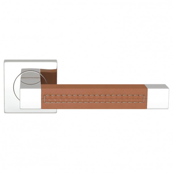 Door handle leather - Tan / Chrome - SQUARE STITCH OUT (R1025)
