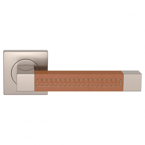 Door handle leather - Tan / Satin nickel - SQUARE STITCH OUT (R1025)