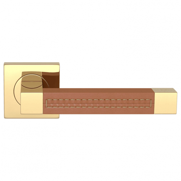 Door handle leather - Tan / Polished brass - SQUARE STITCH OUT (R1025)