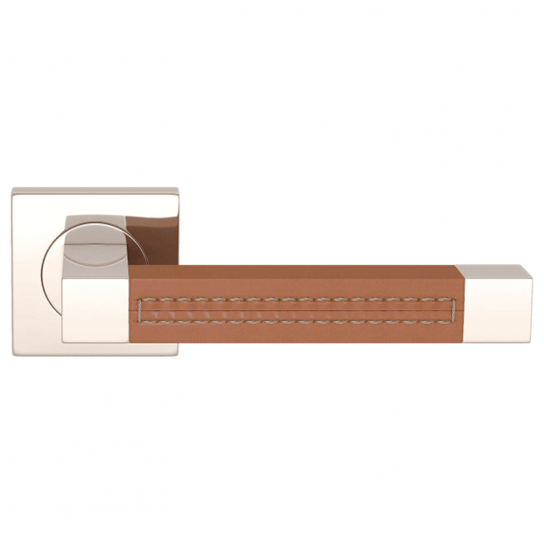 Dørgreb læder - Solbrun / Blank nikkel - SQUARE STITCH OUT (R1025)