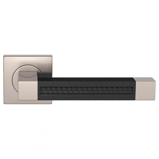 Door handle leather - Black / Satin nickel - SQUARE STITCH OUT (R1025)