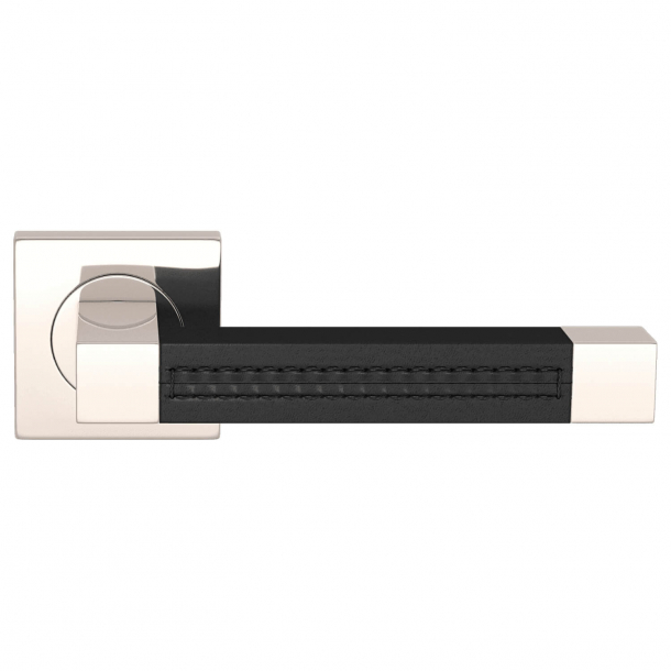 Door handle leather - Black / Polished nickel - SQUARE STITCH OUT (R1025)