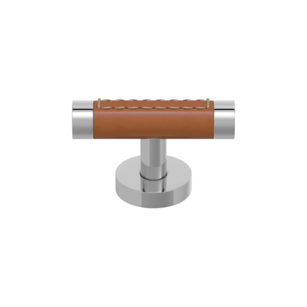 Turnstyle Designs T-bar møbelgreb - Cognacfarvet læder / Blank krom - Model R1026